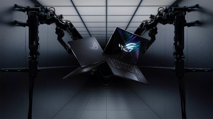 ROG Zephyrus M16 held in midair by robotic arms against a cyberpunk background