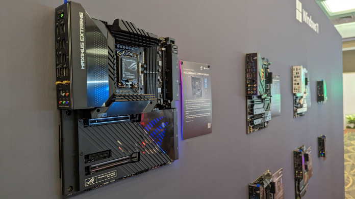 Our Z790 motherboard lineup mounted on a wall