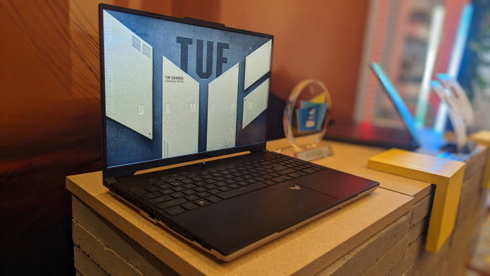 The TUF Gaming A16 Advantage Edition gaming laptop on a table at CES 2023
