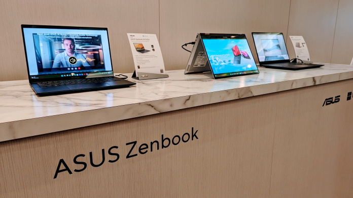 A lineup of Zenbook laptops at the CES 2023 showroom