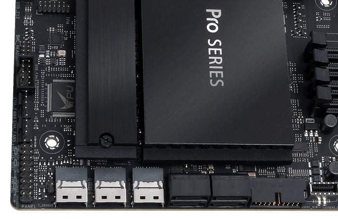 A closeup look at the SlimSAS ports, SATA ports, and M.2 slot on the ASUS Pro WS W790 Series workstation motherboards