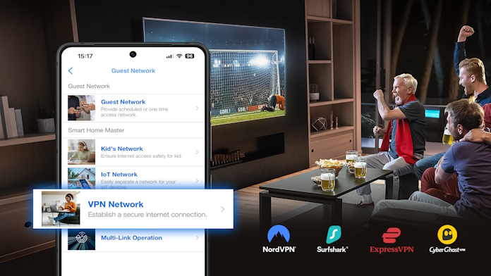 An image of sports fans cheering as they watch the latest game overlaid with an image showing where to set up a VPN Network in the ASUS Router app 