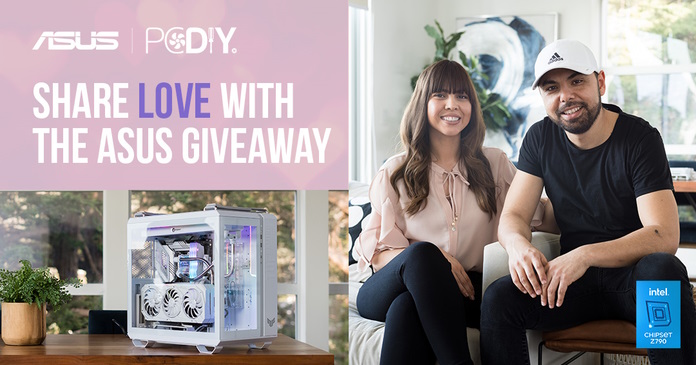 A banner for the Share Love with ASUS Giveaway campaign featuring Ben and Christina and their completed Valentine's Day build