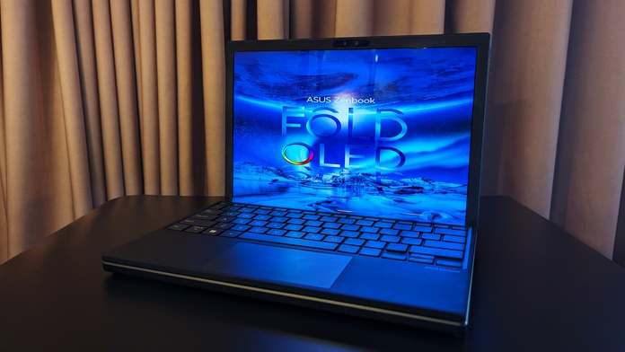 Front view of the Zenbook 17 Fold OLED on a table in clamshell mode