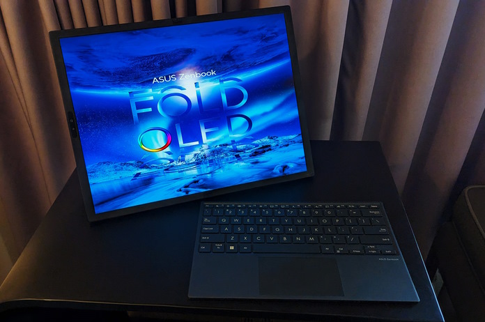 Zenbook 17 Fold OLED laptop on a table in extended mode with the keyboard detached
