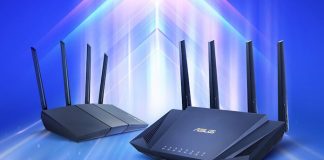 Two ASUS extendable routers against a stylized background of colorful light