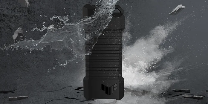 TUF Gaming A1 portable SSD enclosure demonstrating IP68 water resistance