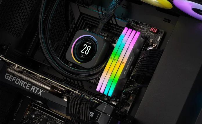 Closeup of ASUS Prime motherboard with Corsair Vengeance RGB DDR5 RAM installed