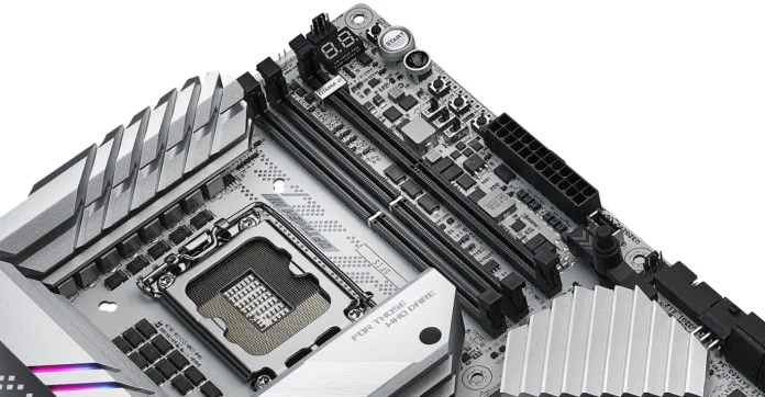 Closeup of ASUS Prime motherboard with Corsair Vengeance RGB DDR5 RAM installed