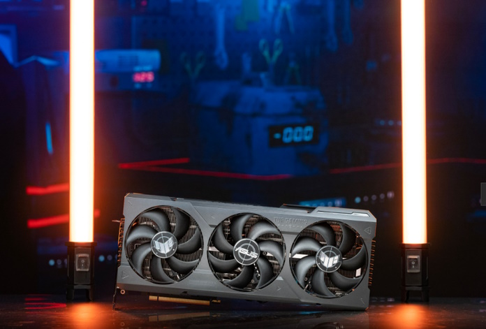 TUF Gaming GeForce RTX 4070 Ti graphics card arranged between two light bars