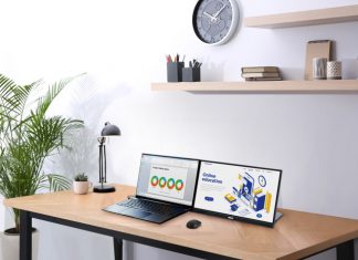 ASUS ZenScreen portable display and laptop on a table set up for online education