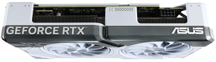 Side view of Dual GeForce RTX 4070 graphics card showing heatsink and power connector
