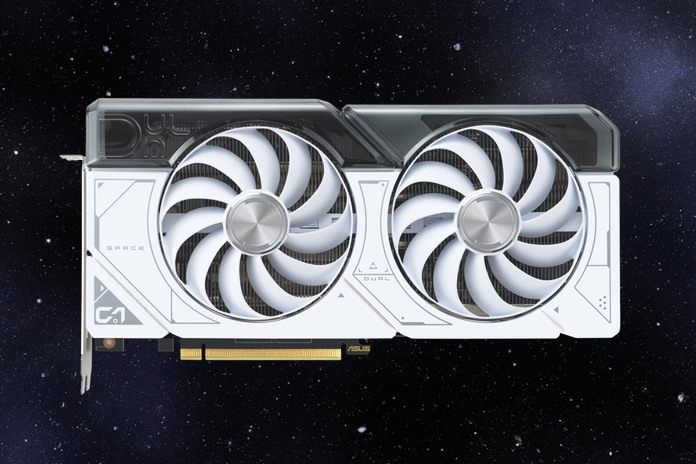 The ASUS Dual GeForce RTX 4070 White Edition floating in the void of deep space