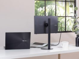 ZenScreen Stand MTS02D attached to an ASUS laptop on a home office desk