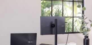 ZenScreen Stand MTS02D attached to an ASUS laptop on a home office desk