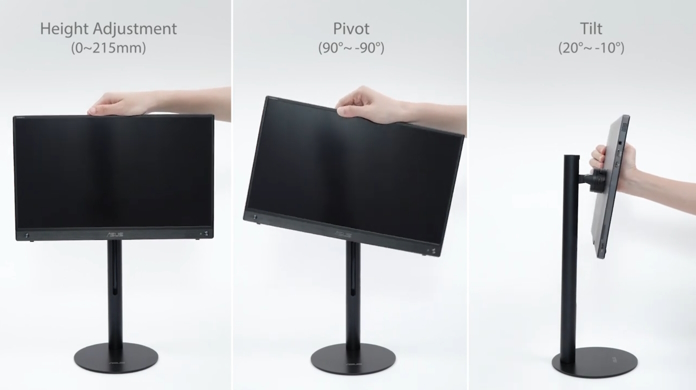 Charting showing height adjustment, pivot, and tilt ranges of the ZenScreen Stand