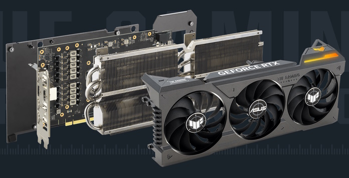 An exploded view of the TUF Gaming GeForce RTX 4070 Ti graphics card showing the PCB, heatsink, and shroud