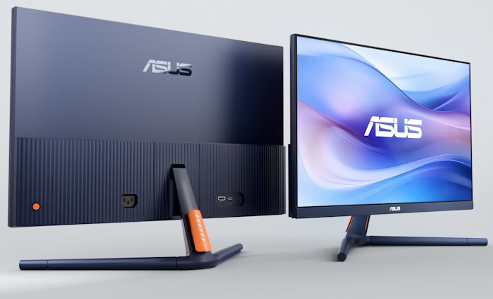 Front and back view of the ASUS VU Series monitor in Quiet Blue