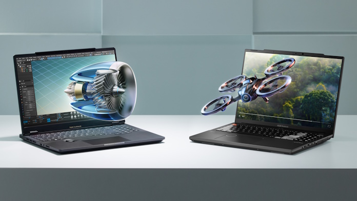 Two ProArt Studiobook Pro 16 3D OLED laptops showing a stylized rendition of the 3D vision effect