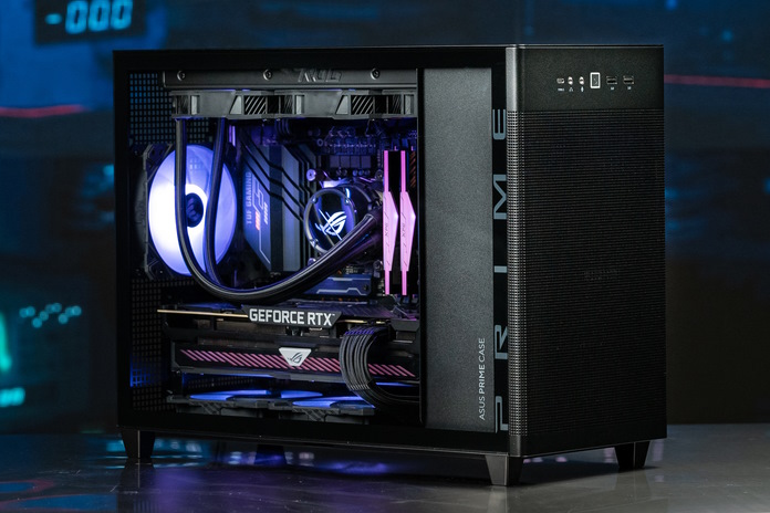 A completed PC build with the black version of the ASUS Prime AP201 Tempered Glass chassis