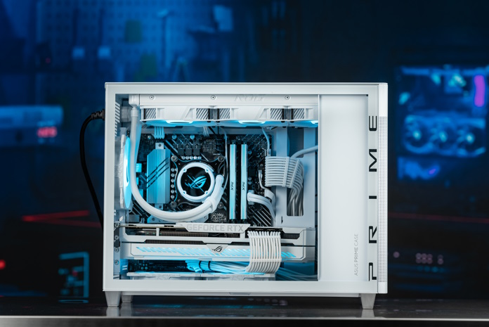 Side view of the ASUS Prime AP201 Tempered Glass chassis with a complete build inside