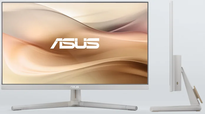 Front and side view of an ASUS VU monitor in Astro Beige