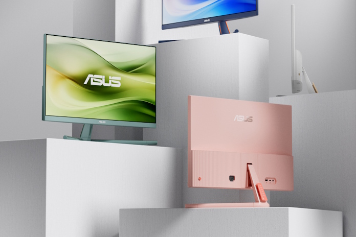 All four color options of the ASUS VU Series of monitors in a row