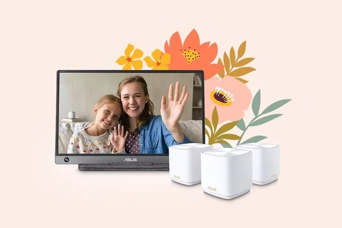 An ASUS portable monitor and a ZenWiFi mesh WiFi system in front of stylized flowers