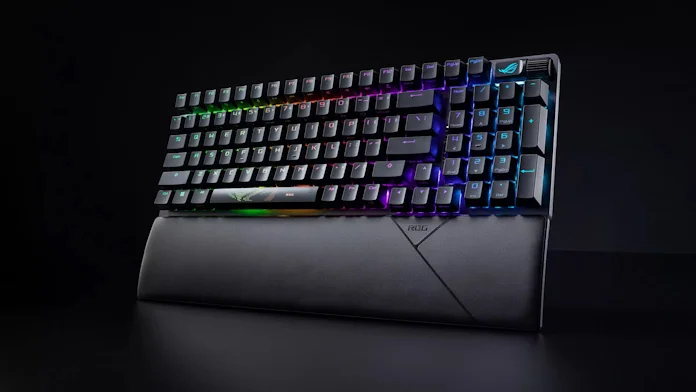 ROG Strix Scope II 96 Wireless gaming keyboard standing upright against a black background