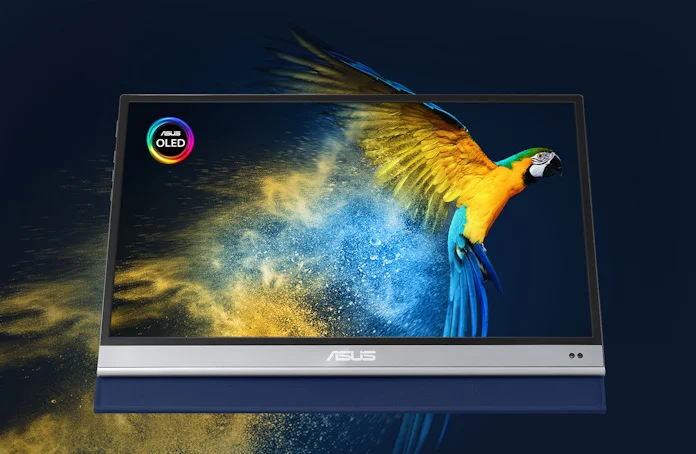 ZenScreen MQ16AH showing the vibrant colors of an OLED panel with a stylized image of a parrot