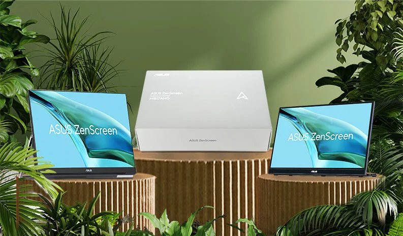 Two ZenScreen portable displays and their packaging which is constructed of FSC Mix certified packaging
