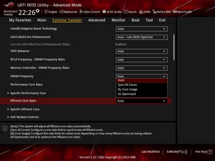 A screenshot from the UEFI BIOS utility showing the Extreme Tweaker menu