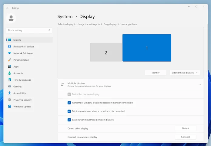 A screenshot of Windows display settings showing your options when connecting a portable monitor