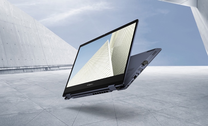 The ExpertBook B5 Flip hovering against a stylized industrial background 