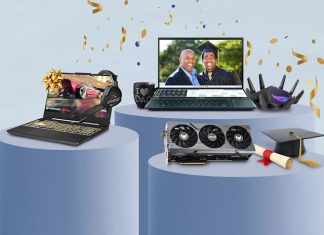 A selection of PC laptops and peripherals on stands with confetti falling in the background