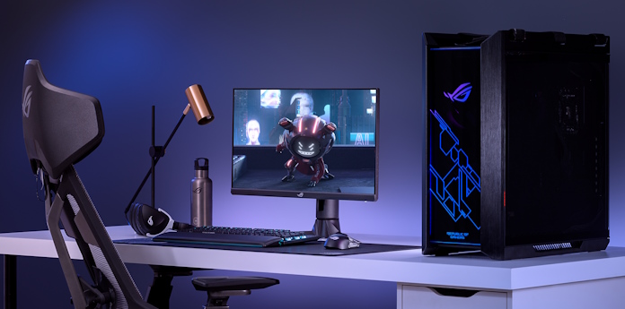 A full gaming setup with the ROG Destrier Ergo gaming chair 
