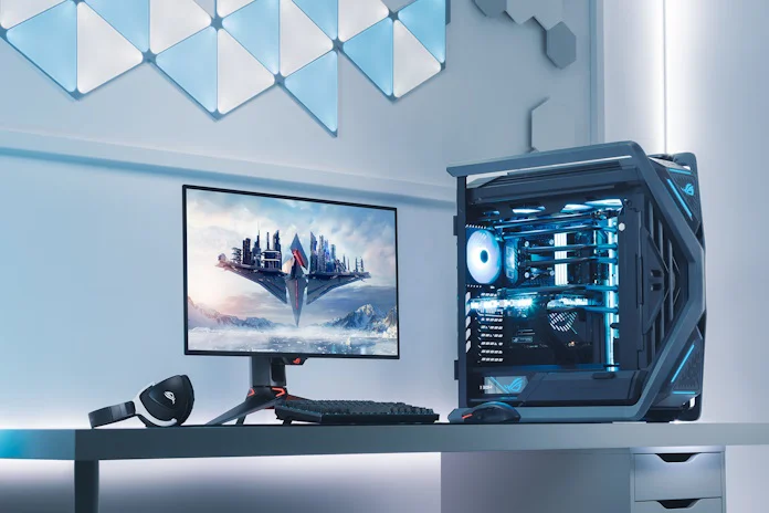 A view of a blue-and-white themed ROG gaming PC featuring the ROG Hyperion chassis