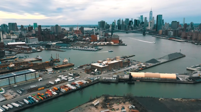 An aerial view of New York city showing the river