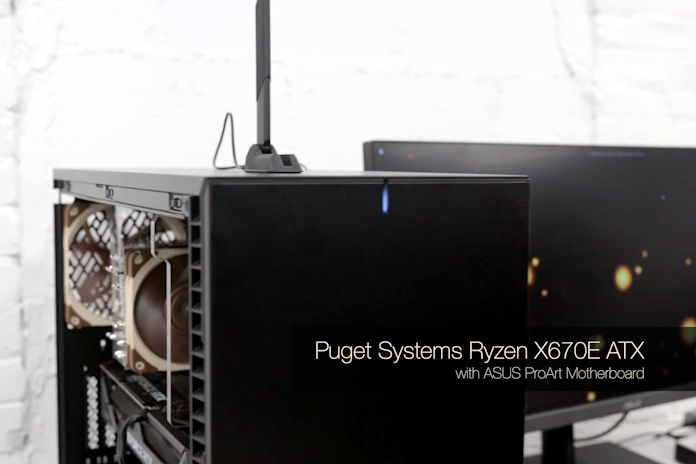 A front view of a Puget Systems Ryzen X670E ATX prebuilt PC with an ASUS ProArt motherboard