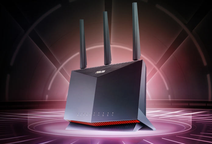 The ASUS RT-AX86U Pro extendable router against a stylized background 