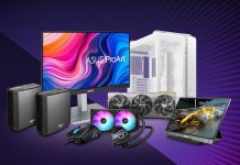An array of PC gear from ASUS against a stylized purple background