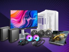 An array of PC gear from ASUS against a stylized purple background