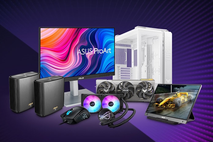 An array of PC gear from ASUS against a stylized purple background