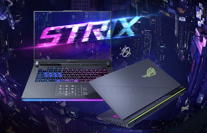 A rendering of the ROG Strix G16 laptop, both open and closed