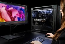 A woman using a workstation PC equipped with a ProArt GeForce RTX 4060 Ti 16GB graphics card