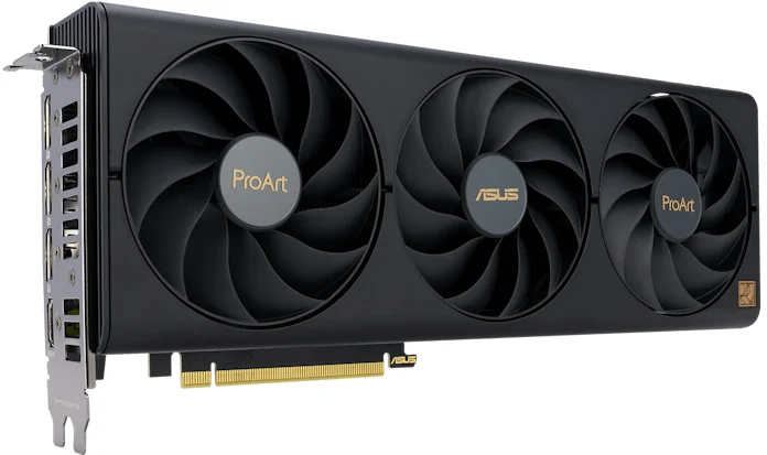 ProArt GeForce RTX 4060 Ti 16GB graphics card from a front angle view showing the triple-fan cooling solution