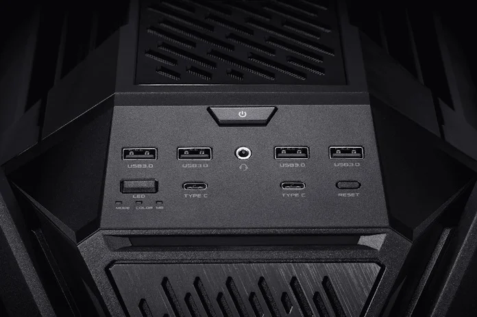 The front-panel connectors and buttons on the ROG Hyperion chassis