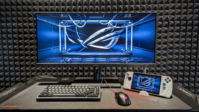 The ROG Ally set up as a desktop PC with the ProArt Display PA248CGV, ROG Azoth, and ROG Harpe Ace Aim Lab Edition