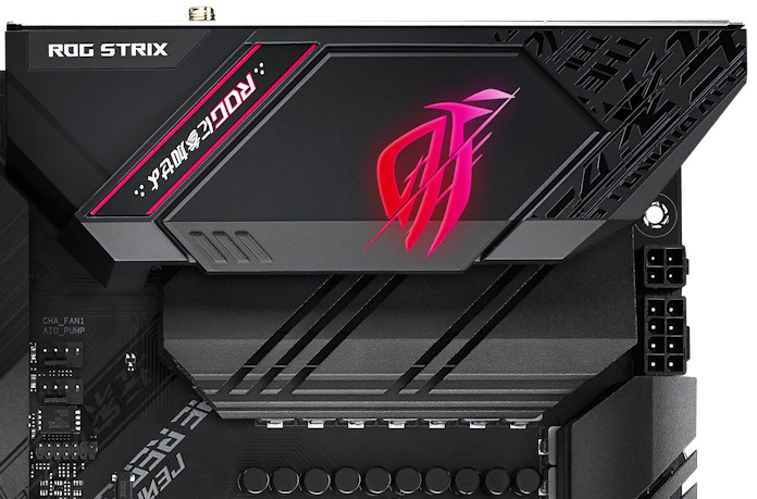 A look at the I/O shroud for the ROG Strix B550-F Gaming WiFi II motherboard, showing many of the aesthetic choices for this model