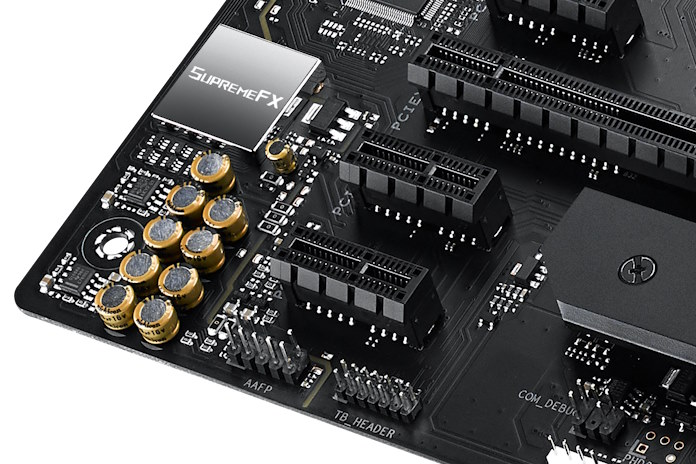 A closeup look at the onboard audio solution of the ROG Strix B550-F Gaming WiFi II motherboard